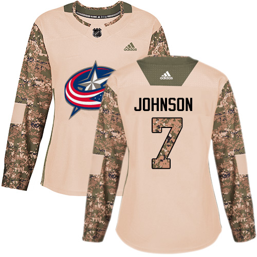 Adidas Blue Jackets #7 Jack Johnson Camo Authentic Veterans Day Women's Stitched NHL Jersey